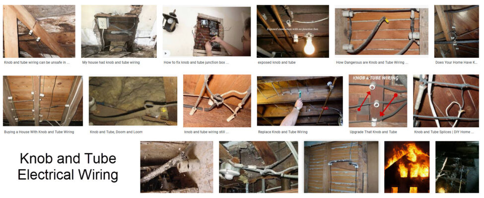 A set of photos illustrating dangerous outdated electrical wiring known as "knob and tube"