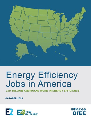 Energy Efficiency Jobs in America 2023 cover blue background and green USA map