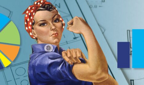 historic "Rosie the Riveter" shows her muscle for energy efficiency with fiberglass insulation and a blueprint background