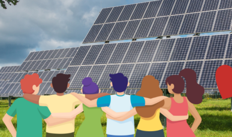 Colorful rendition of people linking arms flanked by hearts as they view a ground-mounted solar installation with green grass and a sun and cloud sky
