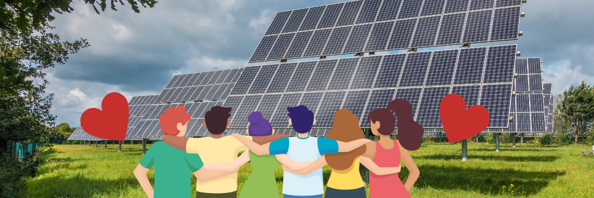 Colorful rendition of people linking arms flanked by hearts as they view a ground-mounted solar installation with green grass and a sun and cloud sky