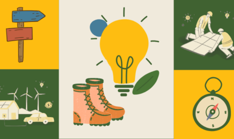 Green and yellow block images with hiking boots and light bulb in center block