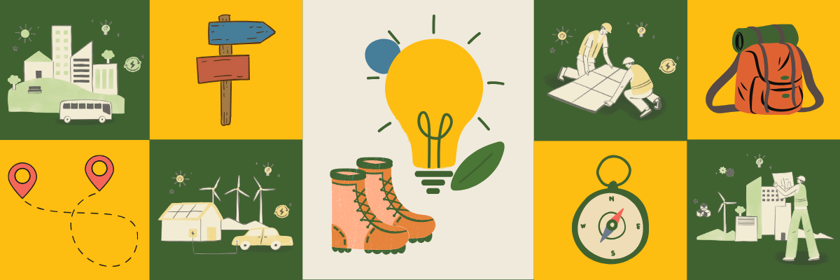 Green and yellow block images with hiking boots and light bulb in center block