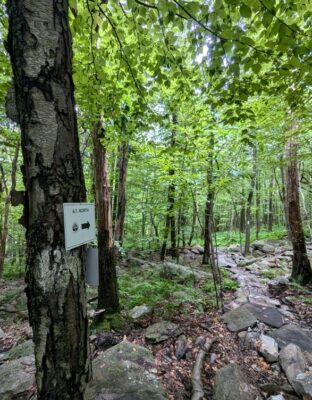 Forest-lined, rock-covered section of the Appalachian Trail with an “A.T. Trail” sign with a large arrow pointing to the trail